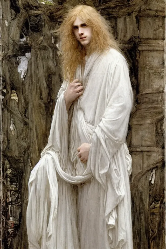 Image similar to beautiful blond androgynous prince Lucius in white robes by john william waterhouse, preraphaelite style, long fluffy blond curly hair, pale porcelain white skin, detailed, defined, chiaroscuro