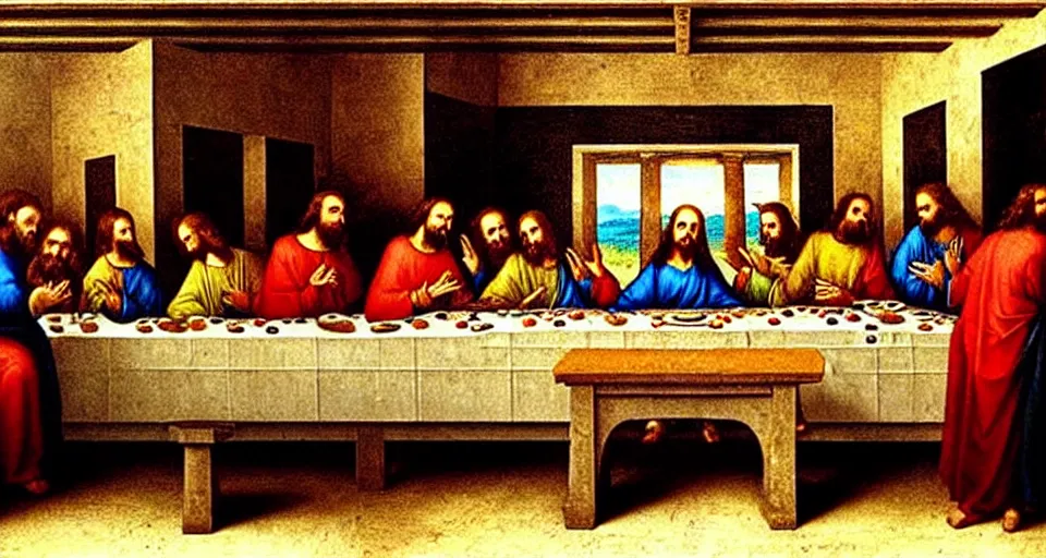 Prompt: The last supper, but Jesus is the DJ (disc jesus), he's playing sick tracks on his CDJ's in the 0th century club, painting by Leonardo da Vinci