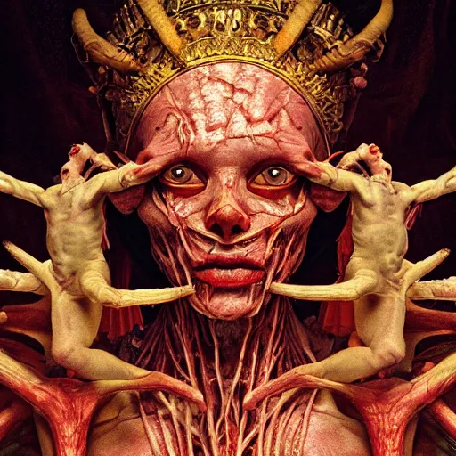Prompt: portrait of Paimon, one of the kings of hell as human with translucent skin, visible muscles and veins and arteries and bones and spines and nerves, beautiful detailed intricate insanely detailed octane render, 8k artistic photography, photorealistic, chiaroscuro, by David Cronenberg, Raphael, Caravaggio