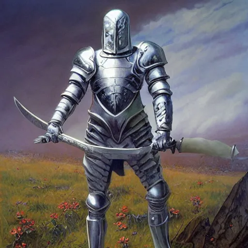 Image similar to albino wearing armor and wielding a long black sword, by michael whelan