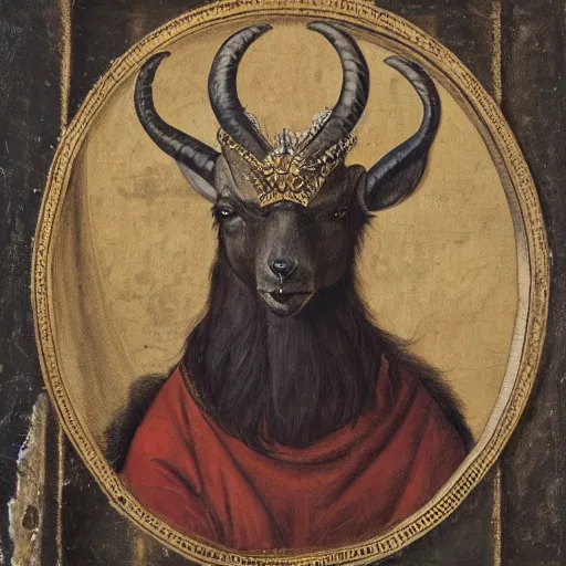 Image similar to renaissance style portrait of an alpine ibex wearing a crown and a cape, dark background