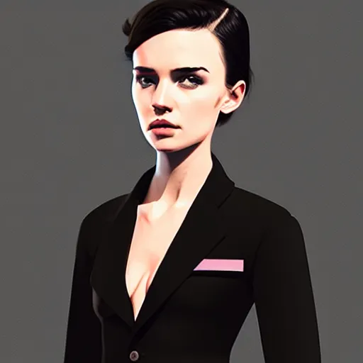 Image similar to young british special ops female in black tuxedo, muted colors, matte print, pastel colors, 2d, ultra highly detailed, smooth, sharp focus, digital art, digital painting, fan art, elegant, artstation, head is centered, by Ilya Kuvshinov