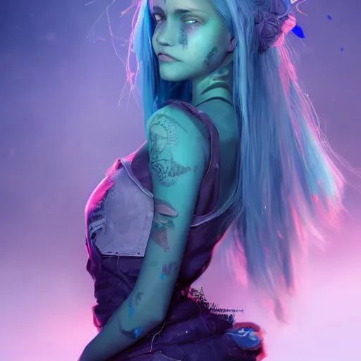 Prompt: portrait of a teenage female human with bluehair and redeyes and greenskin fantasy artwork epic detailed and intricate digital painting trending on artstation by wlop octane render