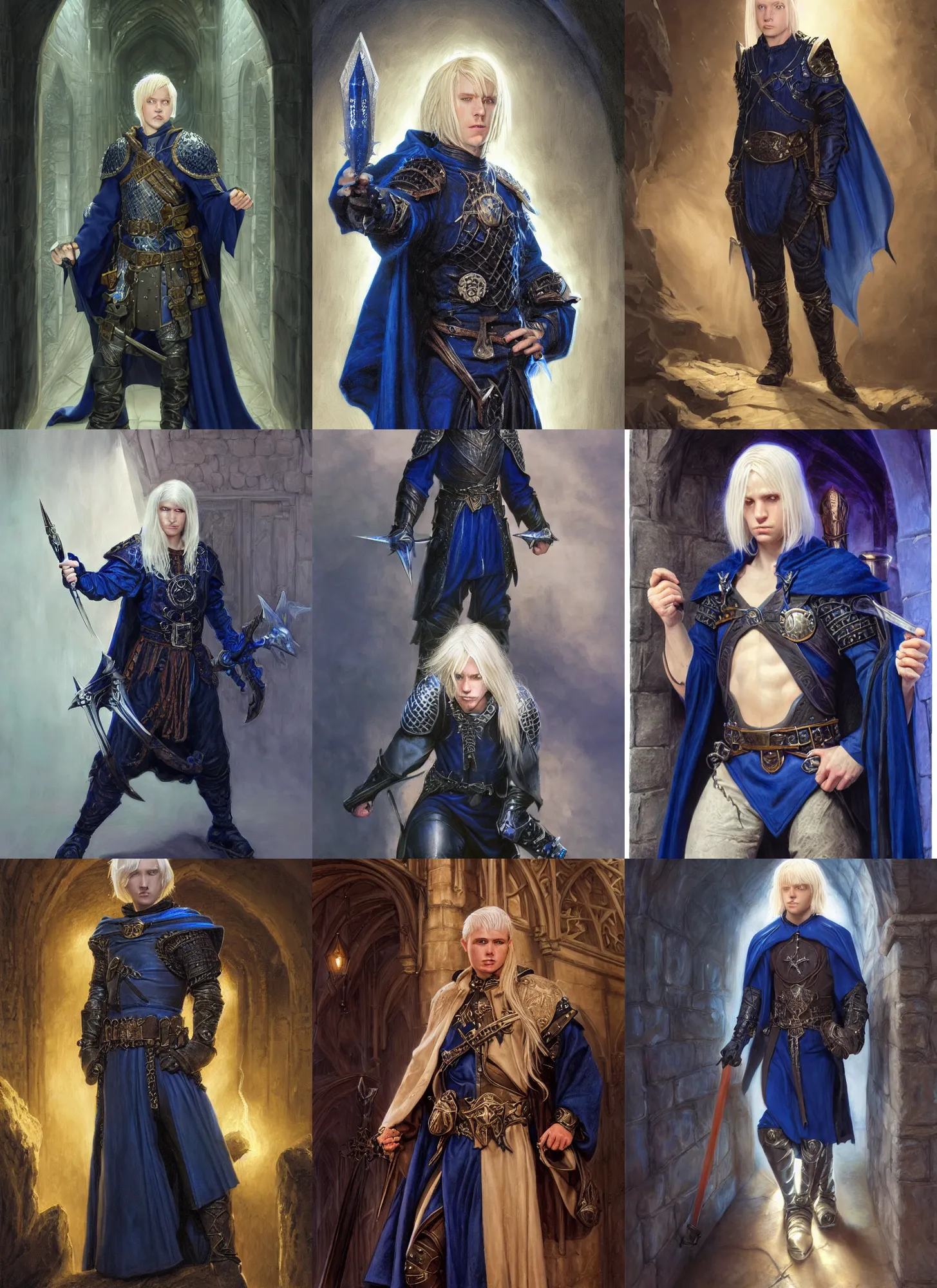 Prompt: a 1 7 year old white boy with platinum blonde hair, wearing dark blue medieval sorcerers garb, style by donato giancola, wayne reynolds, jeff easley dramatic light, high detail, cinematic lighting, artstation, dungeons and dragons