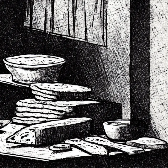 Image similar to extreme close - up on a table : poor quality bread, water, and gruel. background : black tiles on walls. black and white, pencil and ink. by gabriel hardman, joe alves, chris bonura. cinematic atmosphere, detailed and intricate, perfect anatomy