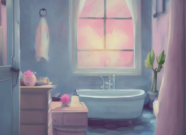 Prompt: placid pastel morning cute cluttered painterly fluffy tiny cramped bathroom trending on pixiv