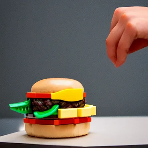 Prompt: a cheese burger made of lego, modern art