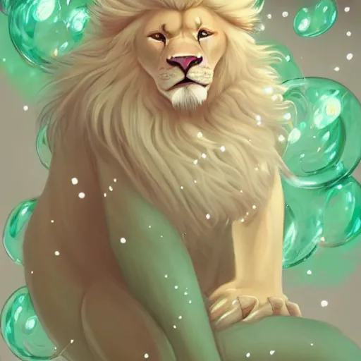 Image similar to aesthetic portrait commission of a albino male furry anthro lion surrounded by glistening floating bubbles while wearing a cute mint colored cozy soft pastel winter outfit, winter Atmosphere. Character design by charlie bowater, ross tran, artgerm, and makoto shinkai, detailed, inked, western comic book art, 2021 award winning painting