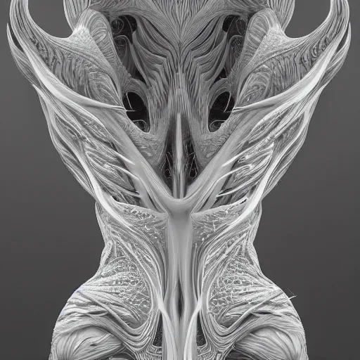 Prompt: dmt elf by zaha hadid, iris van herpen and rick owens. highly detailed, hyper - real, very beautiful, intricate fractal details, very complex, opulent, epic, mysterious, polished, futuristic design, trending on deviantart and artstation