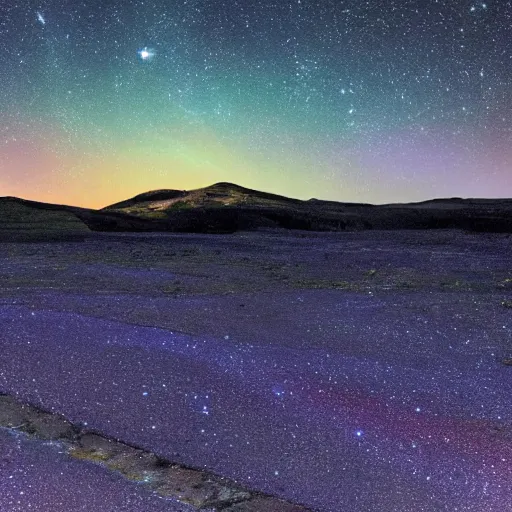 Image similar to beautiful landscape at night with andromeda clearly visible in the sky, highly detailed, sharp focus