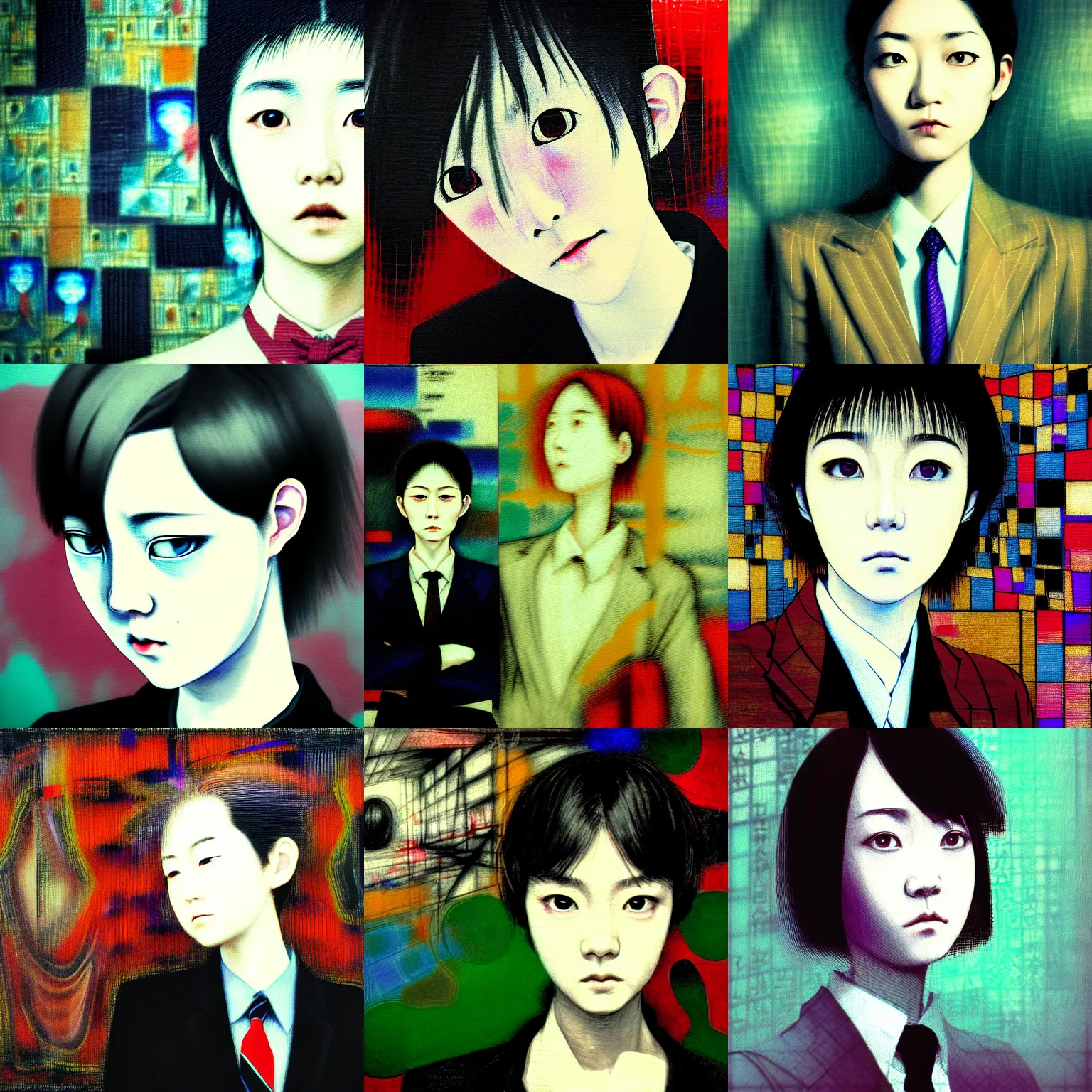 Prompt: yoshitaka amano blurred and dreamy realistic three quarter angle portrait of a young woman with short hair and black eyes wearing office suit with tie, junji ito abstract patterns in the background, satoshi kon anime, chungking express color palette, noisy film grain effect, highly detailed, renaissance oil painting, weird portrait angle, blurred lost edges