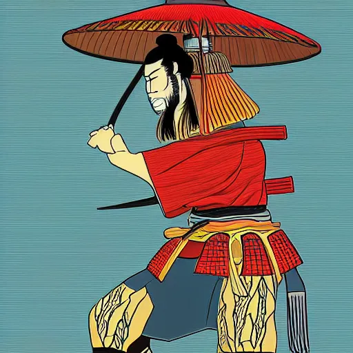 Image similar to a detailed dramatic digital art of a samurai wearing a birthday hat