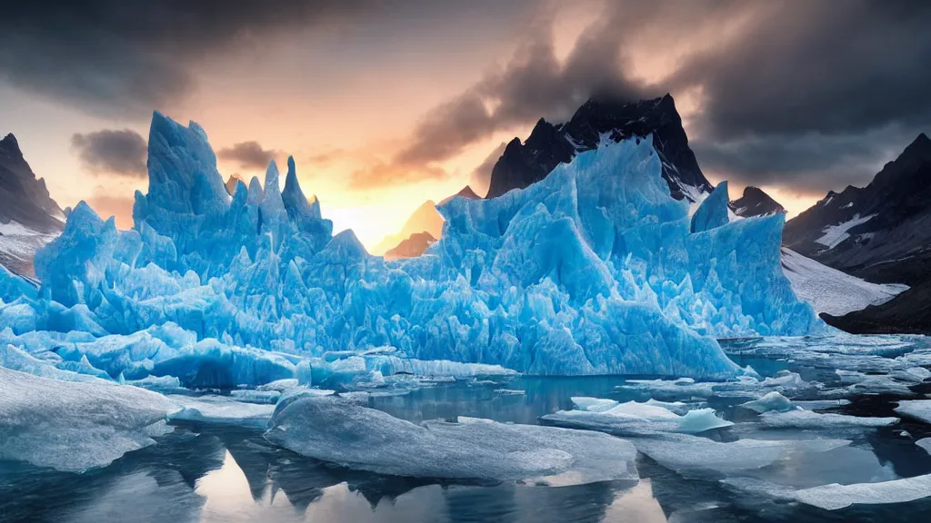 Image similar to amazing landscape photo of a glacier in sunset by marc adamus, beautiful dramatic lighting