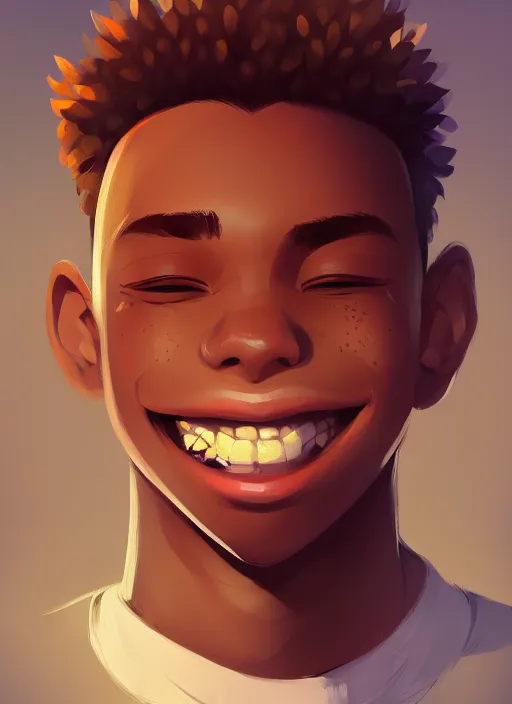 Prompt: young man with a big smile, prominent big eyes, round portruding chin, plump lips, brown flowers, standout colours, sharp, highly detailed, simple lines, digital painting, artstation, concept art, matte, sharp focus, illustration, anime moe artstyle