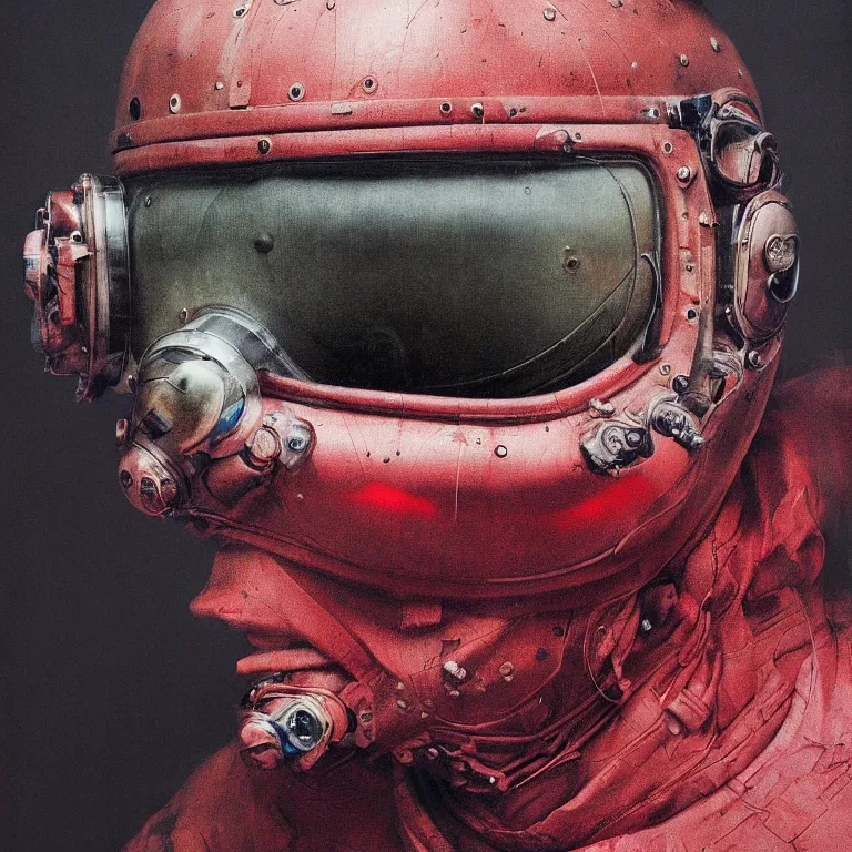 Prompt: hyperrealistic detailed higher angle portrait of a character in fighter pilot helmet, rich deep colors, ultra detail, by francis bacon, james ginn, petra courtright, jenny saville, gerhard richter, zdzisaw beksinski, takato yamamoto. masterpiece, elegant fashion studio ighting 3 5 mm