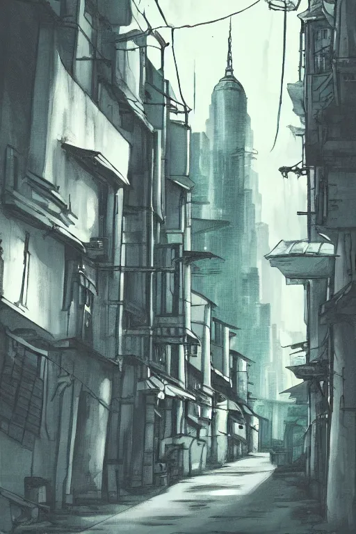 Prompt: backlane alley with kuala lumpur twin towers in the background, evening, studio ghibli, artstation