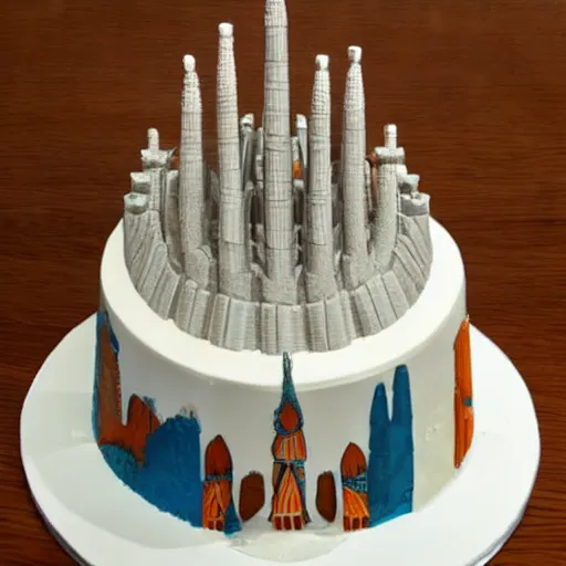 Prompt: a cake design inspired by a city by m. c. escher and gaudi sagrada familia