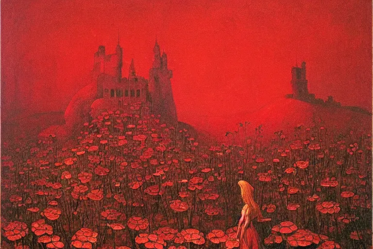 Image similar to only with red, red flowers of different types, a red tiger, a castle in the background, medieval demons dance over the flowers, an ancient path, in the style of beksinski, part by hopper, part by rodcenko, part by hofbauer, intricate composition, red by caravaggio, insanely quality, highly detailed, masterpiece, red light, artstation