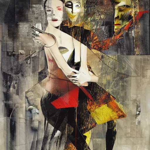 Image similar to tango, collage and oil on canvas by dave mckean and yoshitaka amano