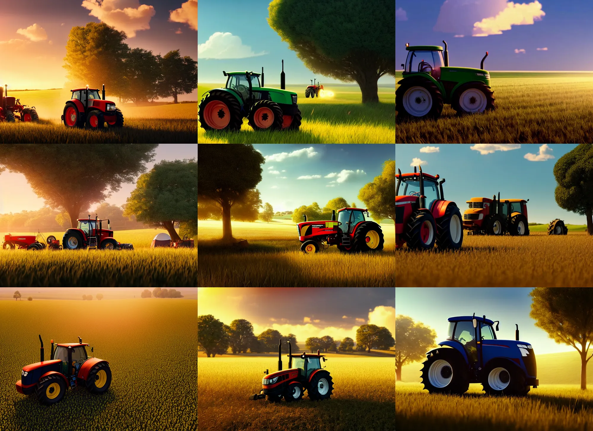 Prompt: a tractor driving close to my tent on a farmers field, medium shot, waist up, pixar and disney animation, sharp, rendered in unreal engine 5, anime key art by greg rutkowski, bloom, dramatic lighting