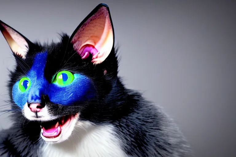 Image similar to a blue - and - black male heterochromatic catbat fursona with blue / green heterochromatic eyes ( differently - colored eyes, one green, one blue ) and huge bat ears, photo of the catbat streaming on his computer