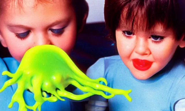 Image similar to kid playing with slime monster, realistic, detailed faces, toy commercial photo, highly detailed, photo from the 80s