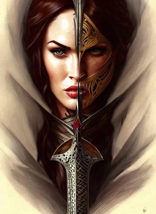 Image similar to portrait of megan fox as a knight, medival armor, redhead, sword, dark ages, intricate, headshot, highly detailed, digital painting, artstation, concept art, sharp focus, cinematic lighting, illustration, art by artgerm and greg rutkowski, alphonse mucha, cgsociety