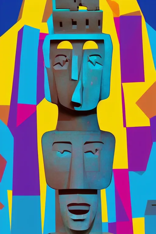 Image similar to cubist moai statue cutout digital illustration cartoon colorful beeple