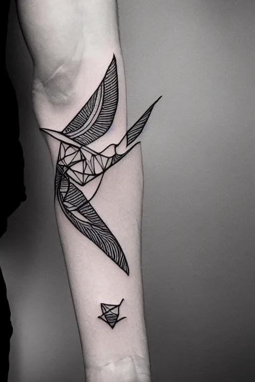 Prompt: a beautiful tattoo design of minimalist flying swallows, flying into geometric spirals, black ink, abstract logo, line art