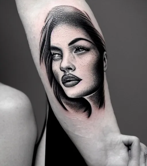 Image similar to beautiful blend effect of beautiful mountain scenery with a beautiful woman face, tattoo design sketch, hyper - realistic, in the style of matteo pasqualin, amazing detail, black and white