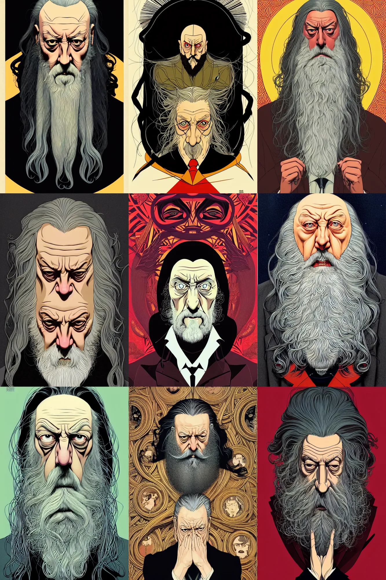 Prompt: Alan Moore is angry about you, portrait by Joshua Middleton and Audubon, hayao miyazaki, wide shot, stunning elegant, futuristic spy, tribal mask, beautiful evil sneer, symmetrical face, golden ratio, rule of thirds, symmetrical, badass clothing, long white hair, full body, character design, fibonacci pattern