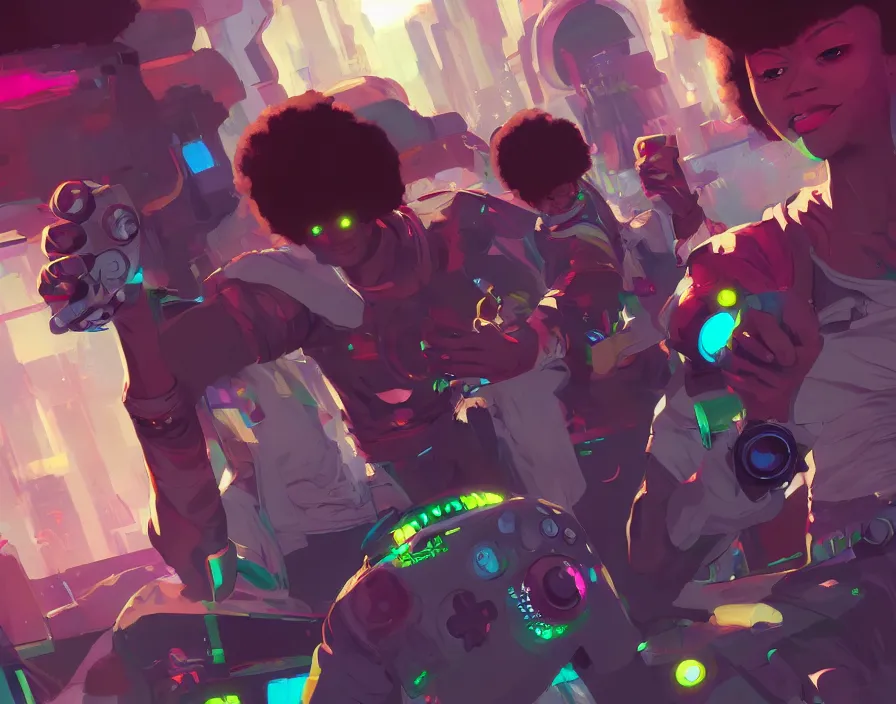 Image similar to afro - futuristic gamers, game consoles and joysticks, hacking the multiverse of gaming | hyperrealistic oil painting | by makoto shinkai, ilya kuvshinov, lois van baarle, rossdraws | afrofuturism, in the style of pascal blanche, trending on artstation | dark color scheme