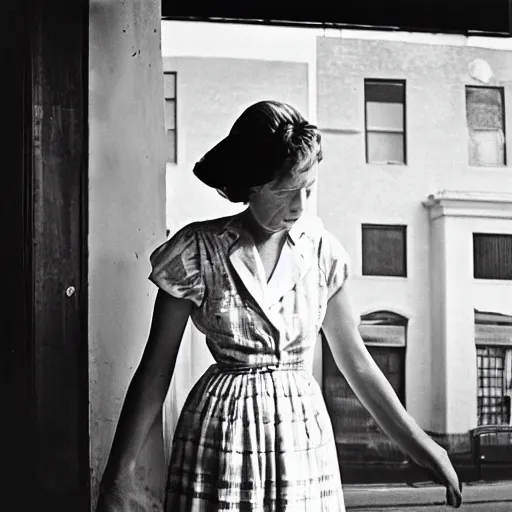 Image similar to photo of a woman in a dress by vivian maier. professional photography.