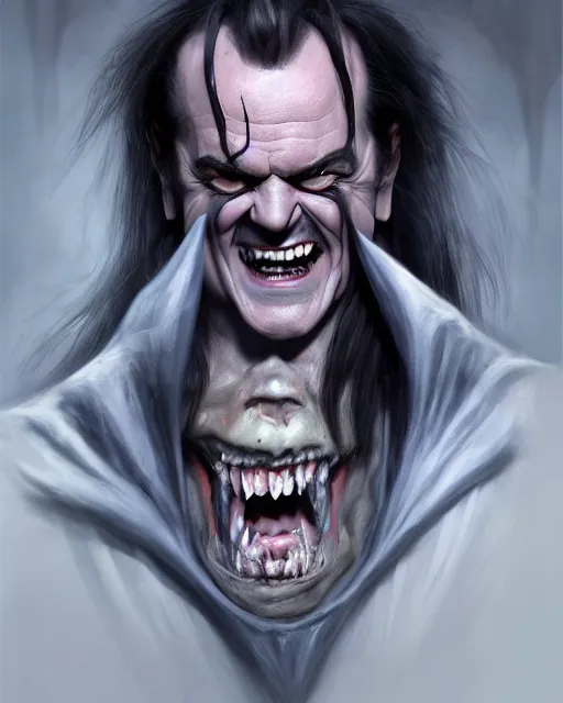 Image similar to ( ( 0 jack nicholson ) ) as an evil vampire ghost necromancer, minion, highly detailed, d & d, fantasy, highly detailed, digital painting, trending on artstation, concept art, sharp focus, illustration, global illumination, shaded, art by artgerm and greg rutkowski and fuji choko and viktoria gavrilenko and hoang lap