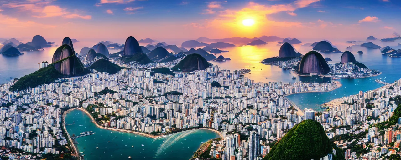 Image similar to hyperdetailed beautiful birds eye view of Copacabana beach, sugar loaf mountain, and Christ statue, in Rio de Janeiro anime by makoto shinkai, golden hour, dramatic lighting, very coherent symmetrical artwork high detail 8k