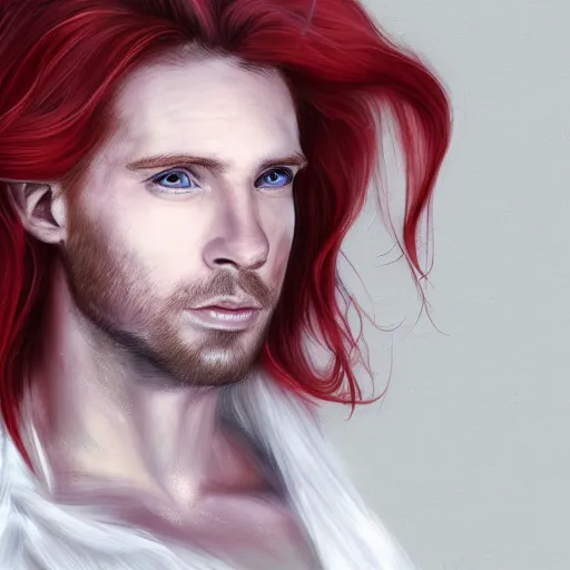 Image similar to portrait of a handsome male ship captain with long red hair!!!!!!, 30 years old, bashful, upper body, ethereal, muscular, friendly, playful, D&D, hairworks, Unreal 4, fantasy, elegant, highly detailed, digital painting, hairworks, deviantart, artstation, concept art, sharp focus, dramatic lighting, illustration, art by Artgerm and Greg Rutkowski and Alphonse Mucha