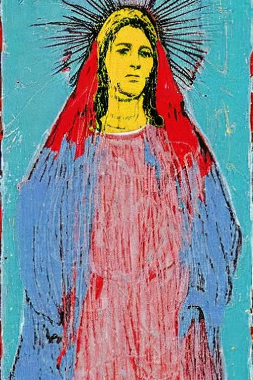 Image similar to virgin mary of lourdes painted by cy twombly and andy warhol