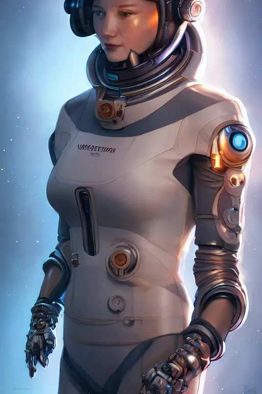 Prompt: portrait of a futuristic (cosmonaut) (girl) with (biomechanical parts) by Artgerm and Greg Rutkowski , (néon light), digital painting, highly detailed, trending on artstation
