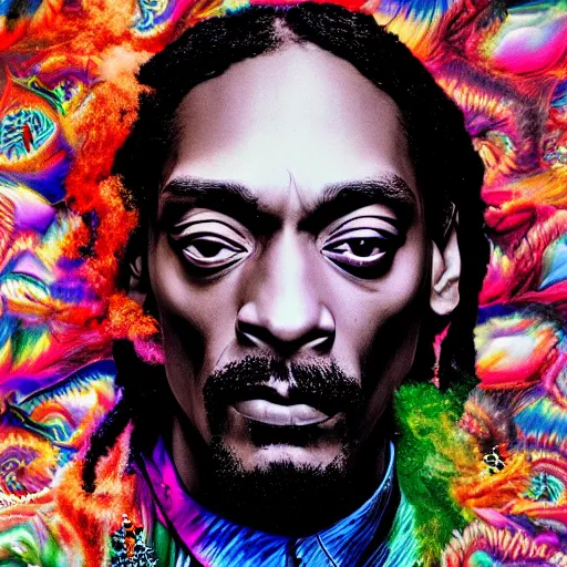 Prompt: colour masterpiece surreal closeup portrait photography snoop dogg by miho hirano and annie leibovitz and michael cheval, psychedelic smoke background, 8 k