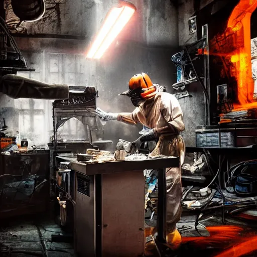 Image similar to cyborg toaster oven repairman, dark messy smoke - filled cluttered workshop, dark, dramatic lighting, orange tint, sparks, plasma rays, cinematic, highly detailed, sci - fi, futuristic, movie still