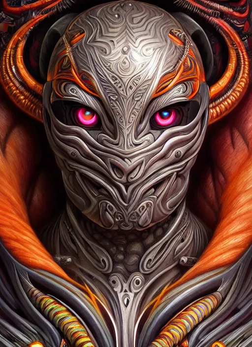 Prompt: hyper detailed ultra sharp tribal biomechanical warrior trance man portrait, trending on artstation, warpaint tattoo aesthetic, earthwave, colorful, psychedelic, ornate, intricate, digital painting, concept art, smooth, sharp focus, illustration, art by artgerm, edmund leighton, greg rutkowski, h. r. giger, 8 k