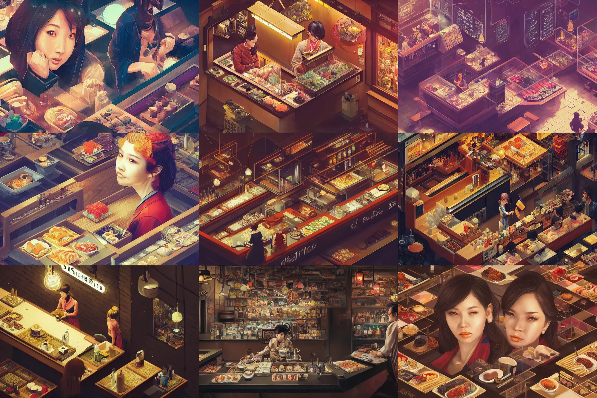 Prompt: portrait isometric drawing, printerest, girl in sushi bar, intricate, epic lighting, cinematic composition, hyper realistic, 8k resolution, unreal engine 5, by Artgerm, tooth wu, dan mumford, beeple, wlop, rossdraws, James Jean, Andrei Riabovitchev, Marc Simonetti, yoshitaka Amano, Artstation