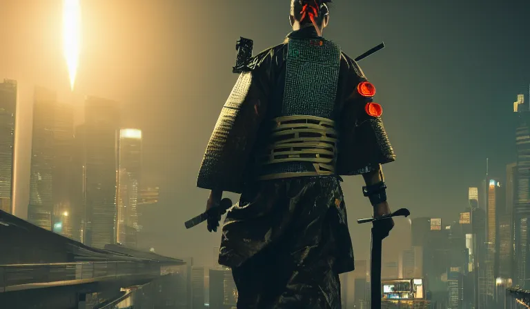 Image similar to cyberpunk samurai walking with his katana away of a explosion, close shot, 8k, cinematic, epic, ultra detailed, award winning, trending on artstationHD, dramatic