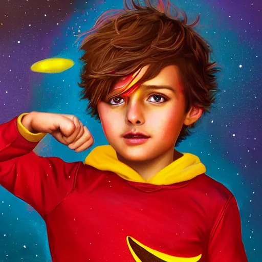 Image similar to colorful and festive captivating young child boy, brown fluffy hair, wearing red and yellow hero suit, shooting a crescent moon out of his fist. full body, rich vivid colors, ambient lighting, dynamic lighting, 4 k, atmospheric lighting, painted, intricate, highly detailed by charlie bowater