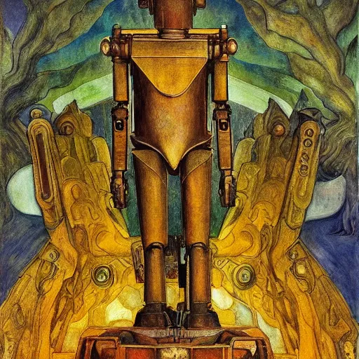 Image similar to the robot on the forest throne, by Annie Swynnerton and Diego Rivera, symbolist, dramatic lighting, elaborate geometric ornament, Art Brut ,god rays, soft cool colors,smooth, sharp focus, extremely detailed, Adolf Wölfli