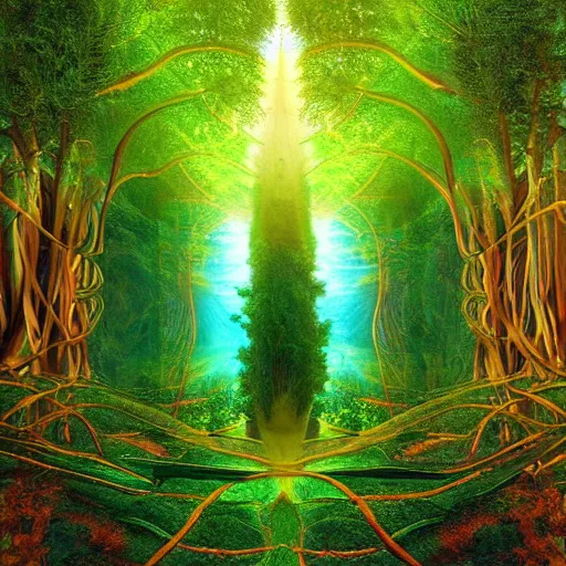 Image similar to psychedelic flowing illusion illusionary visionary immensely beautiful forest of intertwined trees and breathing living knowledge, by tyler edin and luke brown albert bierstadt and salvador dali hyperrealism photo - realistic photography volumetric lighting heavenly intricate