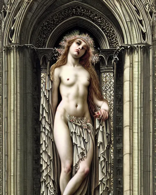 Image similar to hyperrealistic detailed portrait of a beautiful young goddess morphing into a gothic cathedral, authentic ornamental architecture, art by ernst haeckel, john william godward, android jones, h. r. giger, gothic, neo - gothic, heavily ornamental,