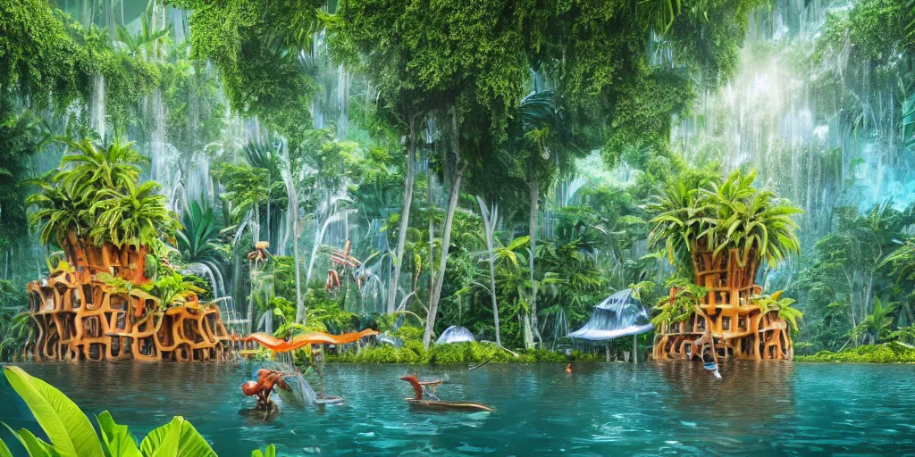 Image similar to of a tropical rainforest lake with strange cute friendly happy creatures with huge eyes, mouth, long tongue, round teeth and goofy face, appearing from the water, in the style of gehry and gaudi, macro lens, shallow depth of field, ultra detailed, digital painting, trending artstation, concept art, illustration, cinematic lighting, photorealism, epic, octane render