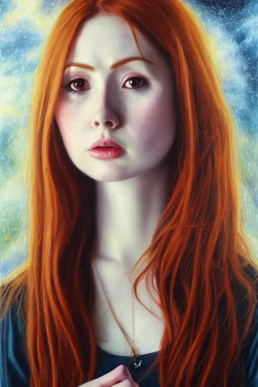 Prompt: Beautiful oil painting of Amy Pond by Chie Yoshii, portrait, pale, Doctor Who, symmetrical face, dramatic lighting, sharp focus, smooth, Karen Gillan