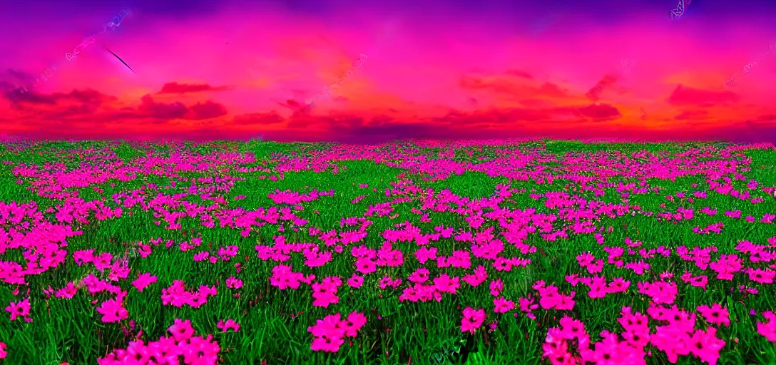 Image similar to an impossible field of beautiful neon colored flowers with a beautiful sunset, vaporwave